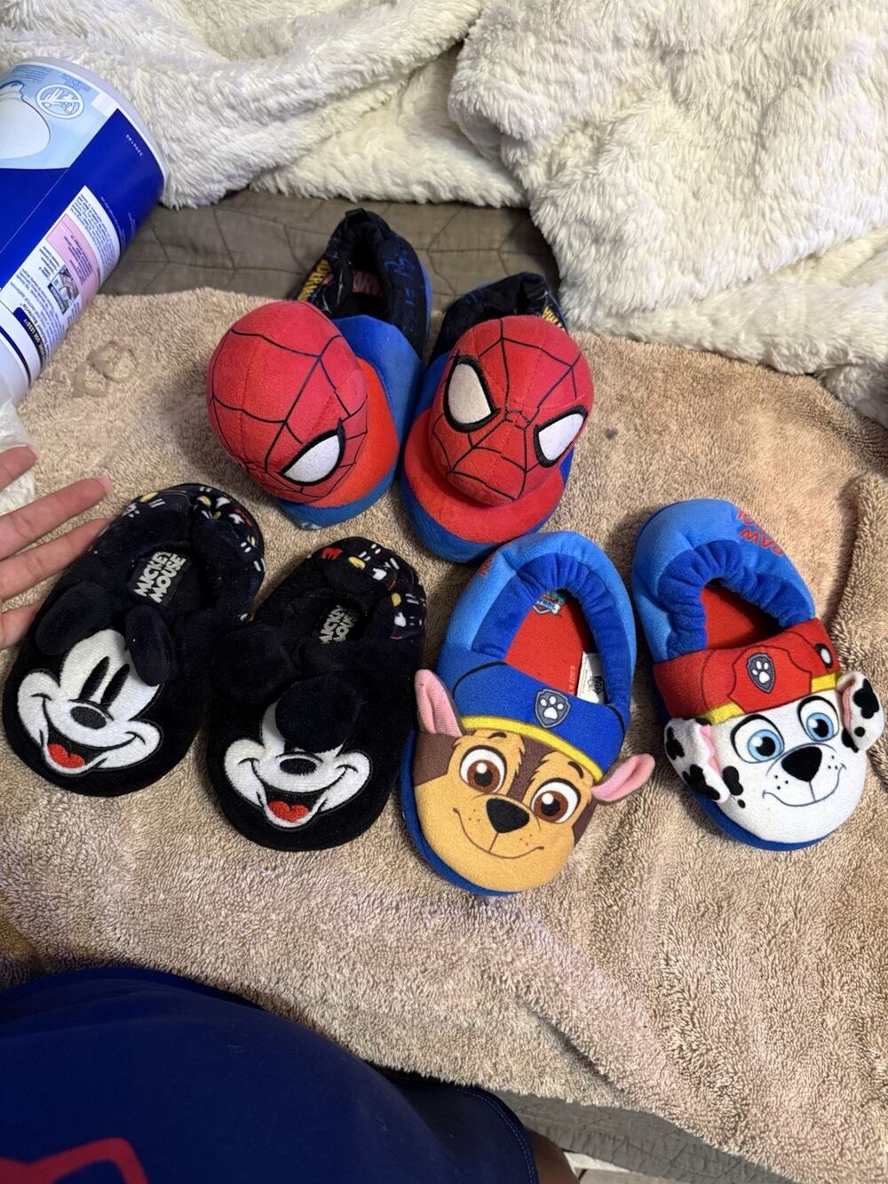 slippers Lot 3, Kids Fabric Slippers Spider-Man Mickey PAW patrol. (9/10) (7/8)